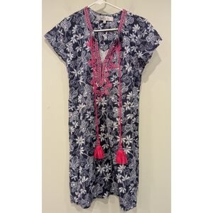 Bella Tu Ellery Ikat Indigo And Pink Embroidered Beaded Tunic Dress Size XS